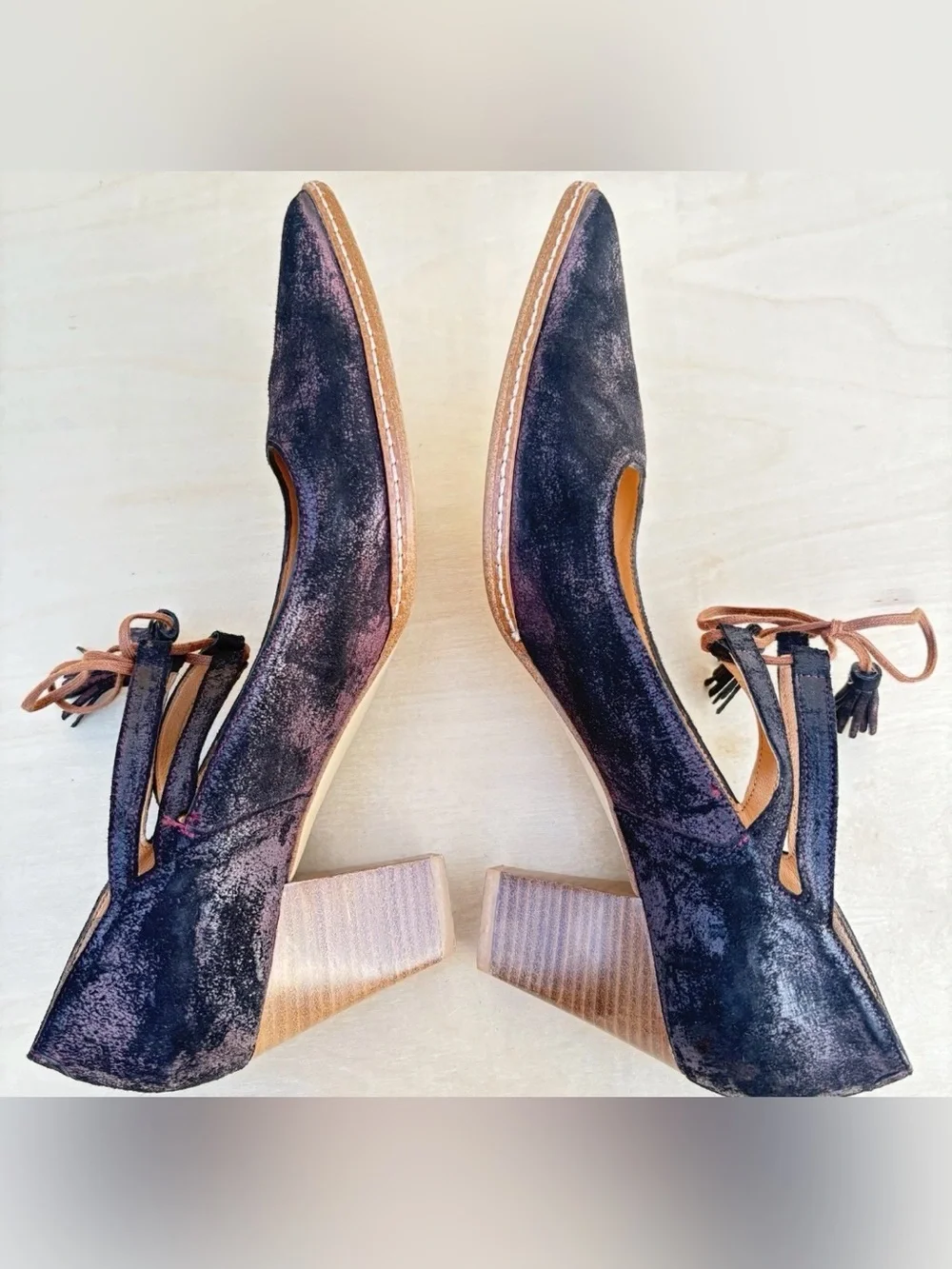 Sundance Natalia Sz EU40/US9.5 Laced Heels Pointed Toe Brown Boho Tassles Pumps